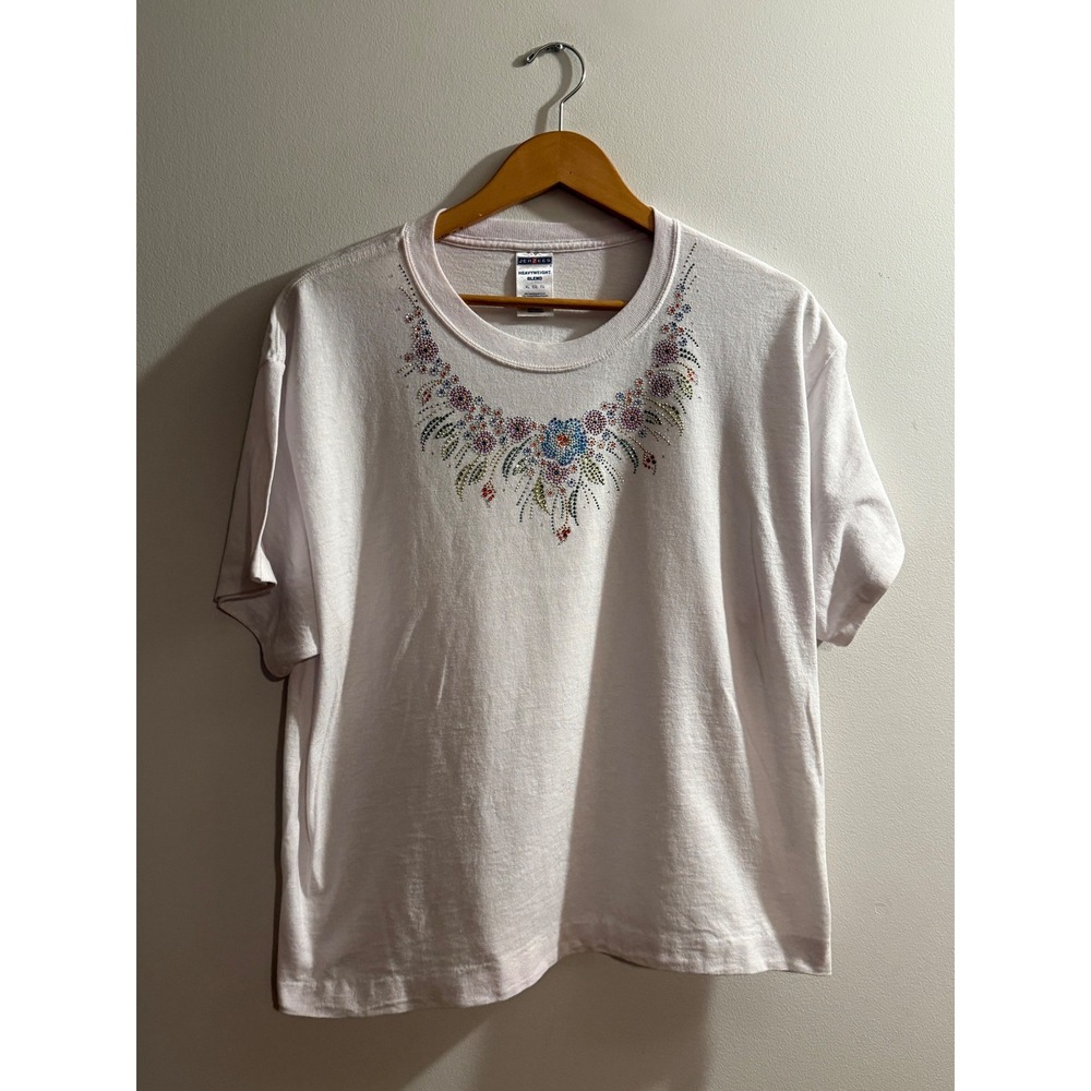 Jerzees Heavyweight Blend White Rhinestone Floral Necklace T-Shirt Women XL